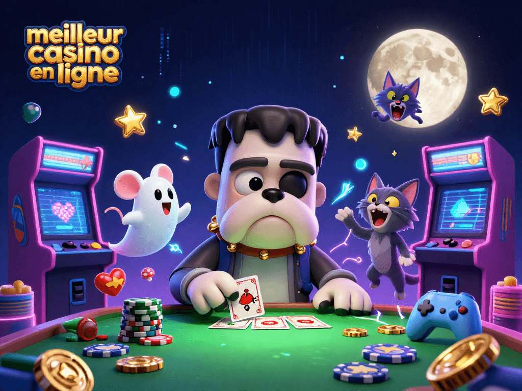 Jouez au meilleur casino en ligne avec une illustration colorée et animée de personnages de cartes et de jeux