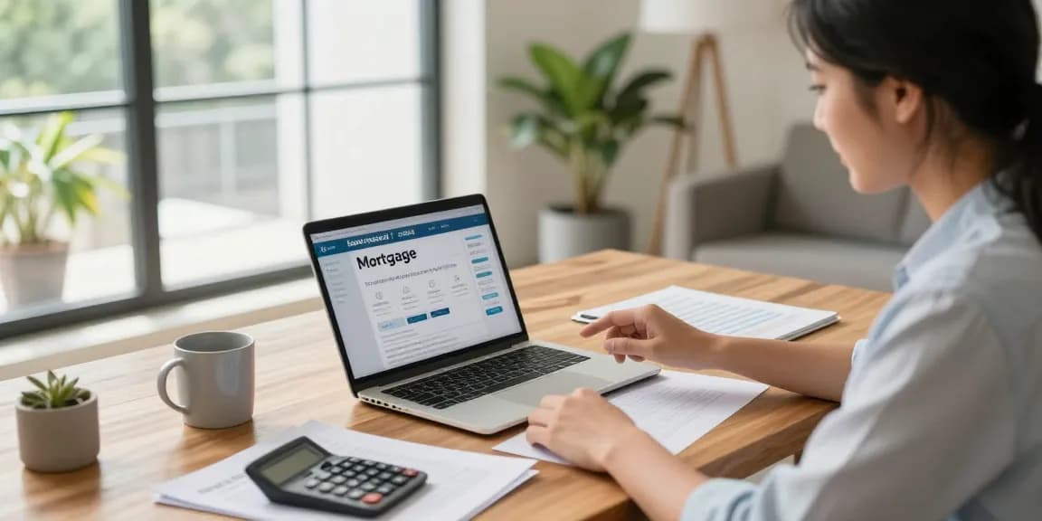 Couple using simulador hipotecario on a laptop in a bright home office setting
