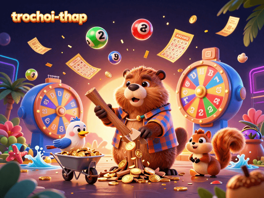 Engage in trochoi-thap with the beaver collecting golden coins amidst vibrant lottery elements.