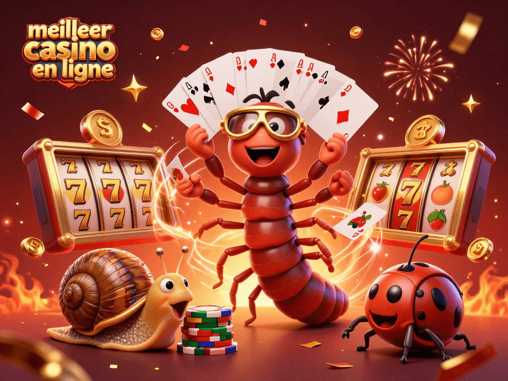 Il s'agit d'une illustration 3D dynamique représentant le meilleur casino en ligne avec des personnages colorés et des éléments de jeu captivants.