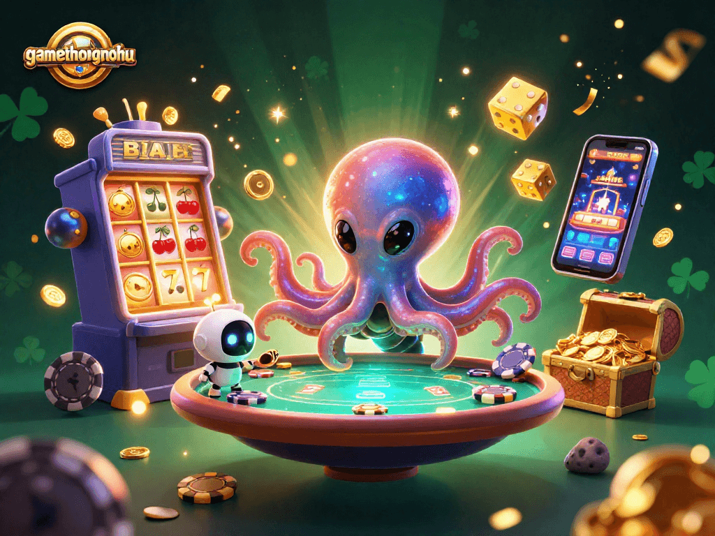 Experience the excitement of gamethuongnohu with an alien octopus at a holographic poker table amidst dazzling casino elements.