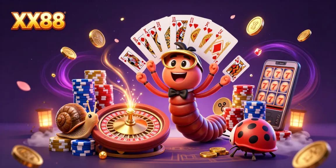 Experience excitement at XX88 with a charming millipede dealer, high-rolling snail, and vivid casino elements.