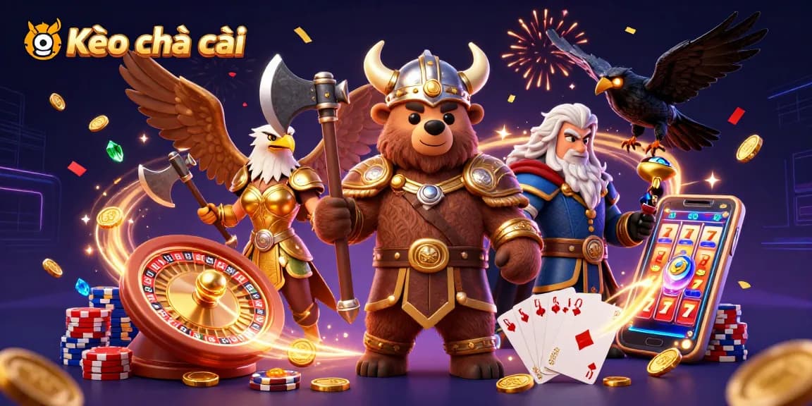 Experience the excitement of Kèo nhà cái with vibrant characters and dynamic gambling elements in this 3D illustration.