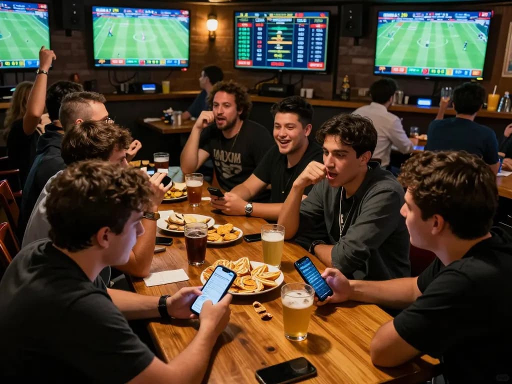 Engaged bettors analyzing tỷ lệ kèo nhà cái while watching live matches in a sports bar.