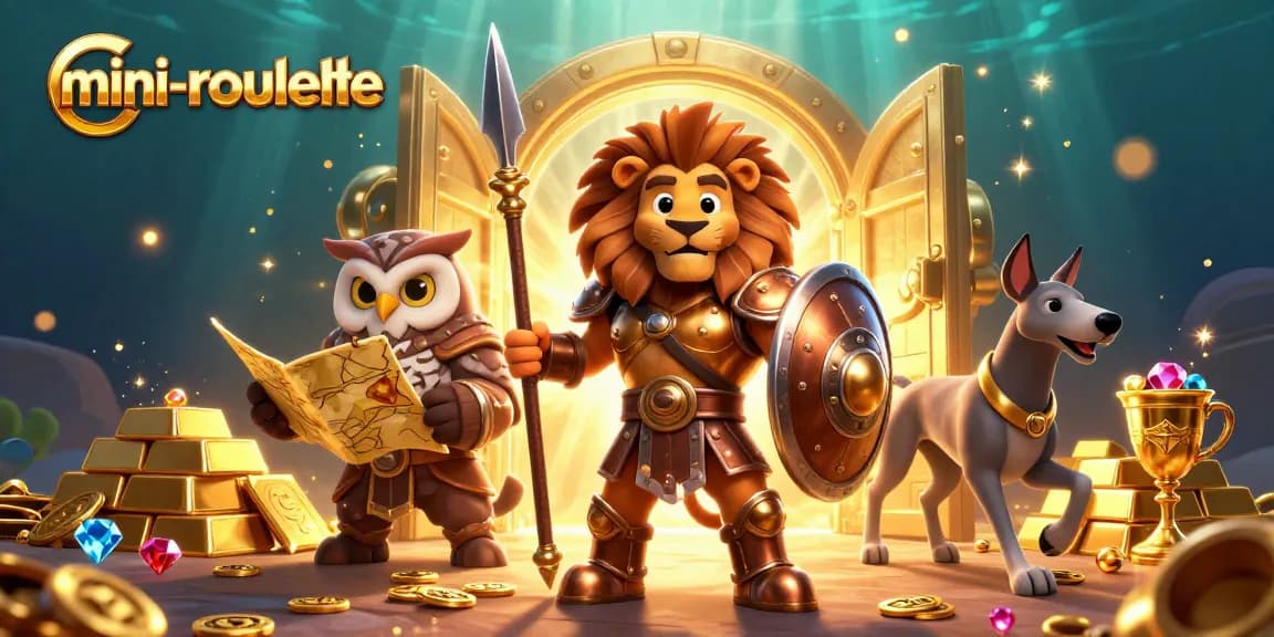 Experience the exciting mini-roulette with vibrant 3D characters celebrating around golden treasures.