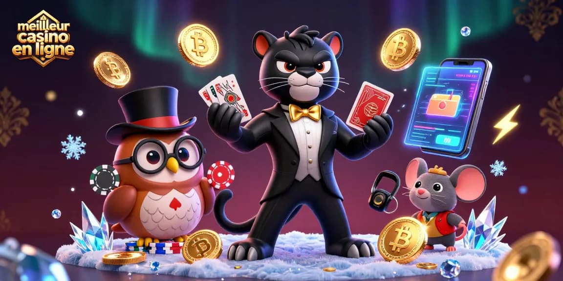 Jouer au meilleur casino en ligne avec des personnages ludiques et des éléments crypto scintillants.