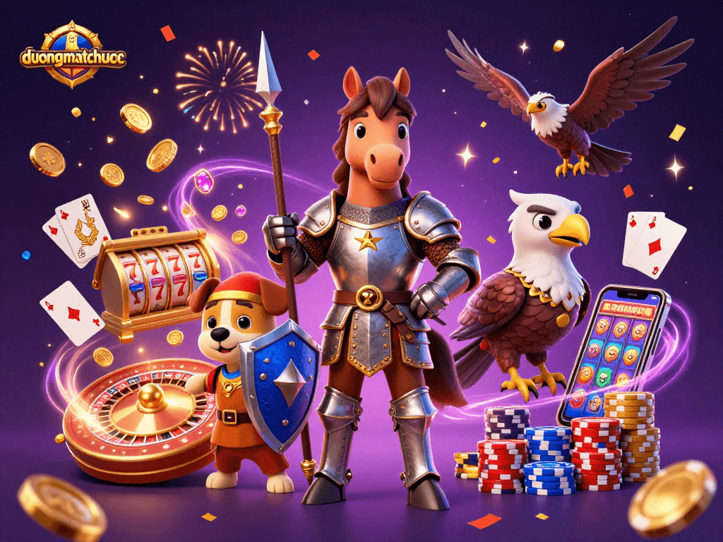 Dive into duongmatchuoc thrills as a knight, squire, and falcon celebrate with slots and coins!