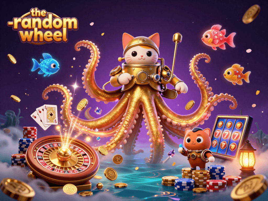 Engage with the-random-wheel's exciting gaming elements, featuring a dynamic kraken scene filled with treasures.