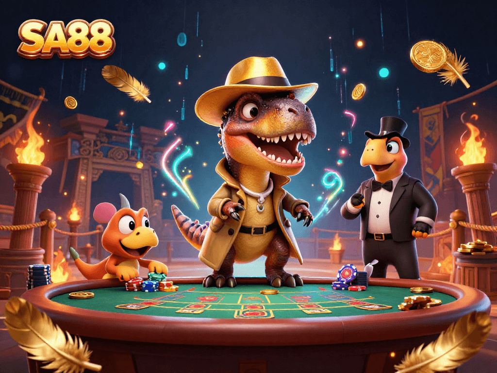 SA88 gamblers engaging in a high-stakes blackjack game with animated dinosaurs, illustrating thrilling casino action.