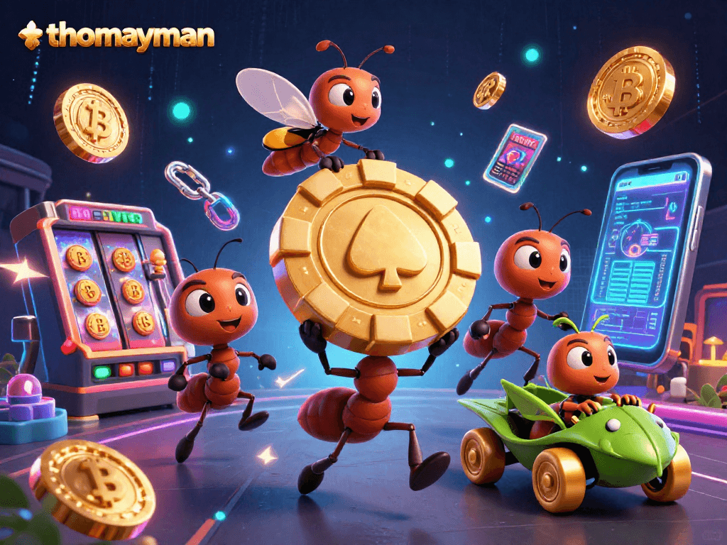 Experience thrilling gameplay at thomayman with a vibrant 3D illustration of a heist and jackpot excitement.