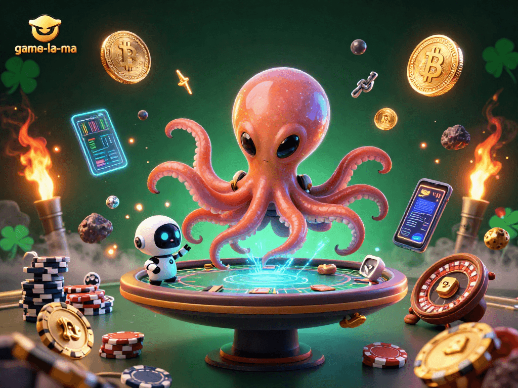 game-la-ma poker scene featuring an alien octopus and robot companion in a vibrant casino