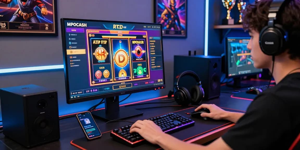 Engaged player at MPOCASH gaming setup showcasing vibrant slot games and essential peripherals.