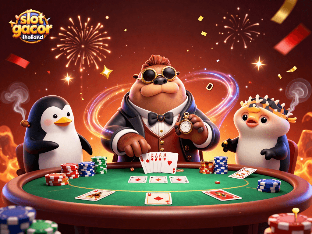 Engage with slot gacor thailand's thrilling underwater poker scene featuring a walrus, penguin dealer, and bluffing pufferfish.