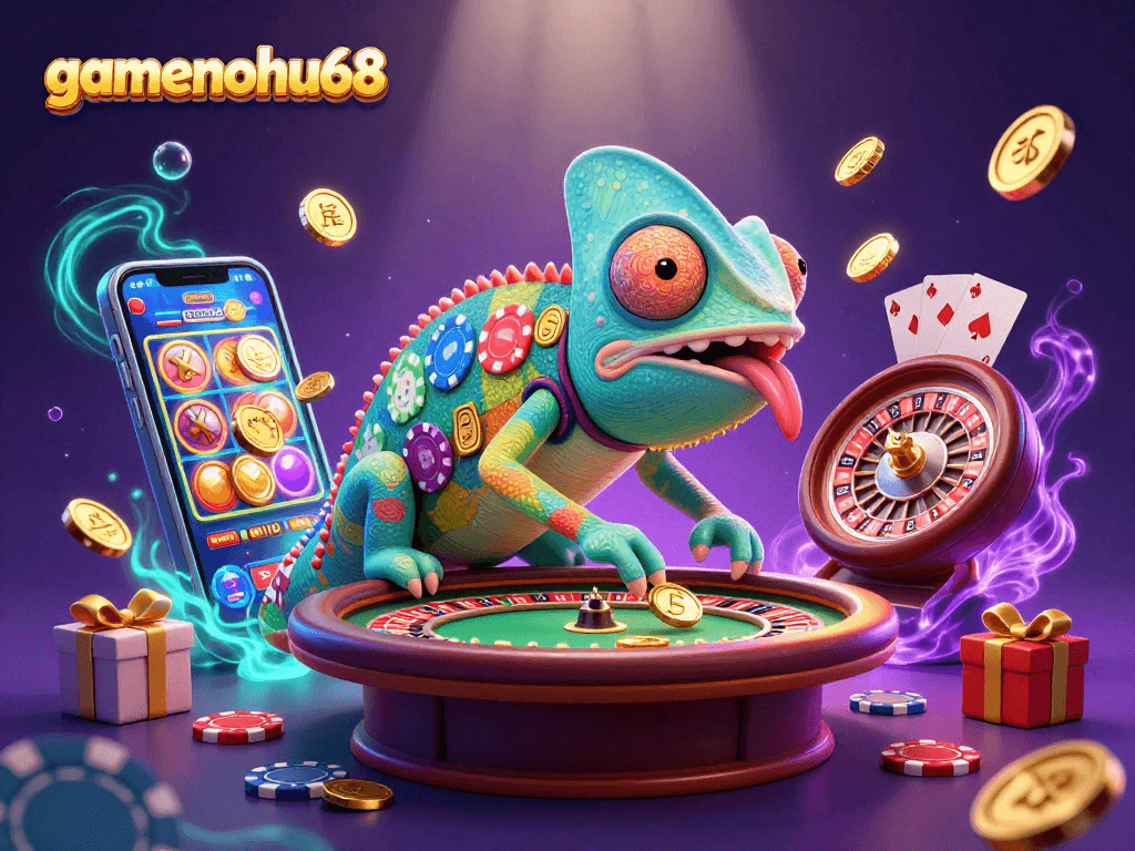 Experience thrilling gaming at gamenohu68 with vibrant 3D chameleon, spinning reels, and golden coins.