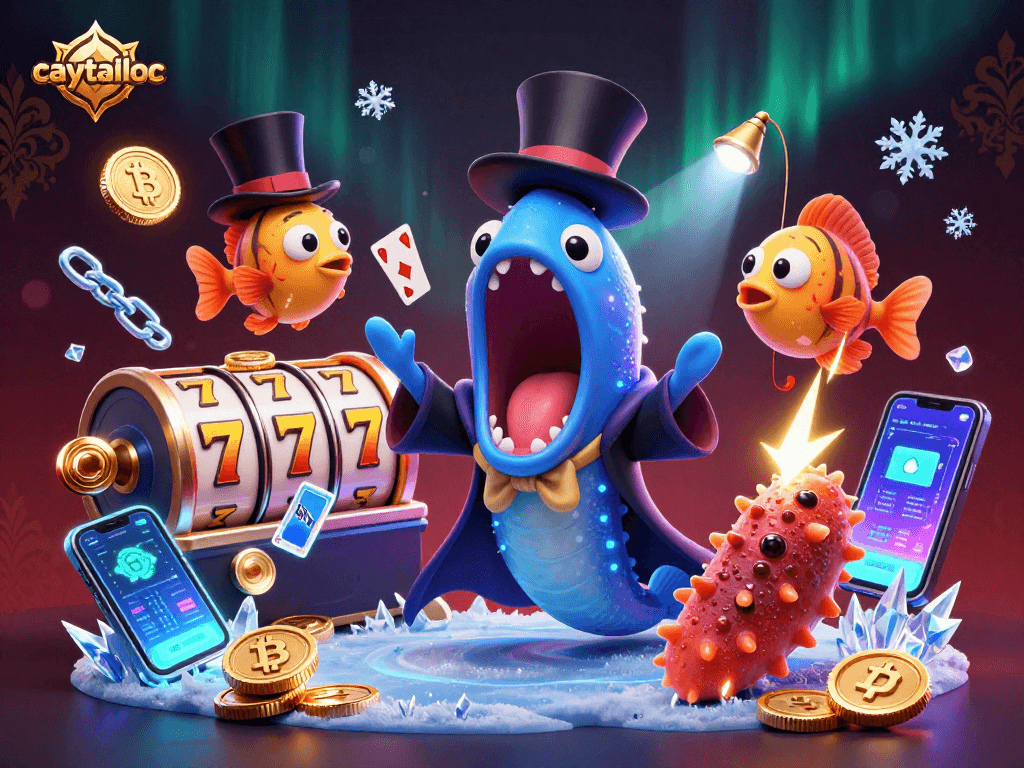 Spin the jackpot reels with caytailoc in a captivating underwater casino scene filled with vibrant characters and crypto coins.