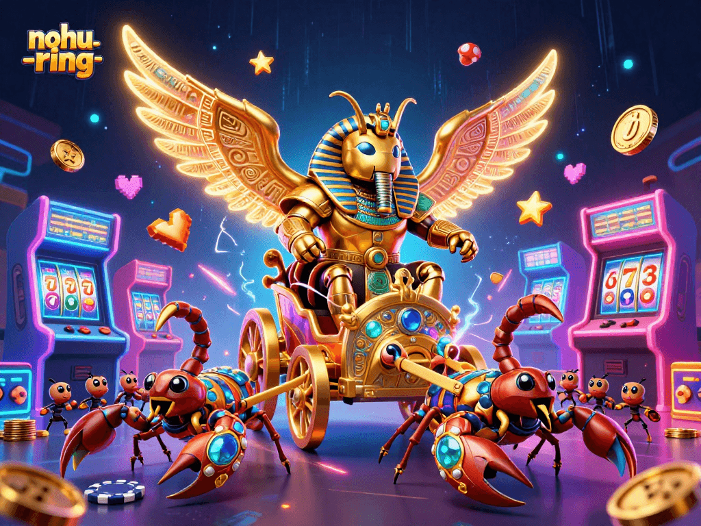 Engage in thrilling gameplay with nohu-ring's dynamic 3D illustration, featuring slot elements and vibrant characters.