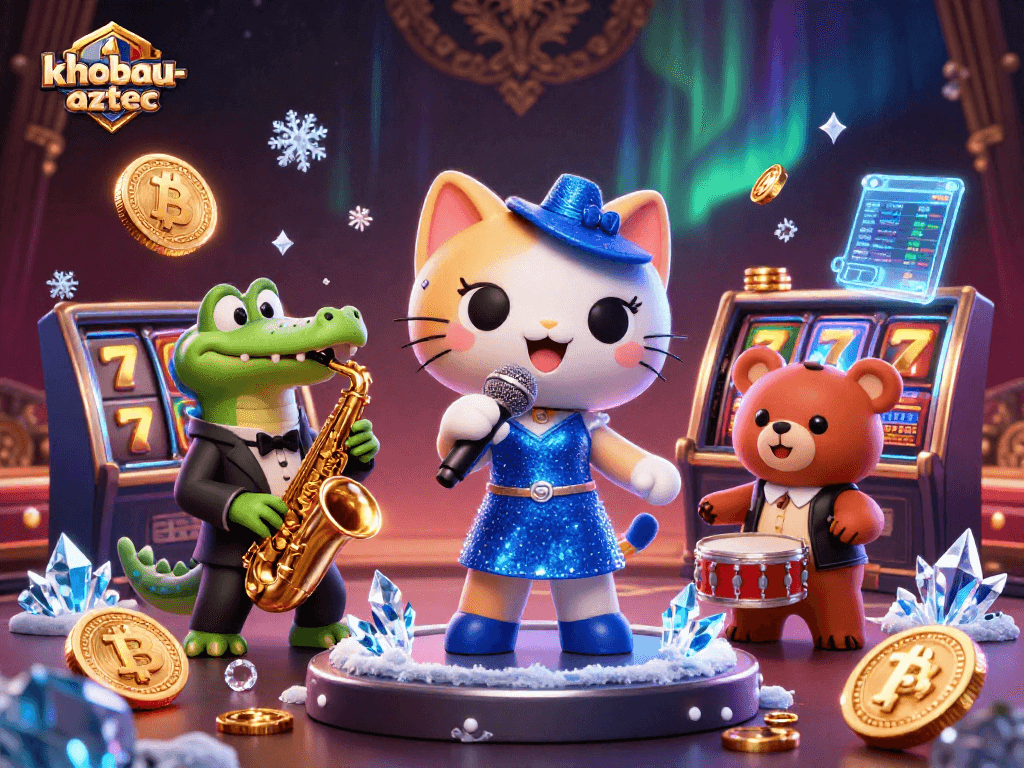 Spin the reels of khobau-aztec in this vibrant casino scene featuring lively cartoon characters with crypto coins.