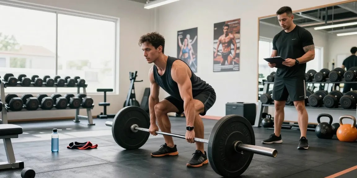 Entrenamiento en Esteroidesshop con hombre levantando pesas en gimnasio iluminado.