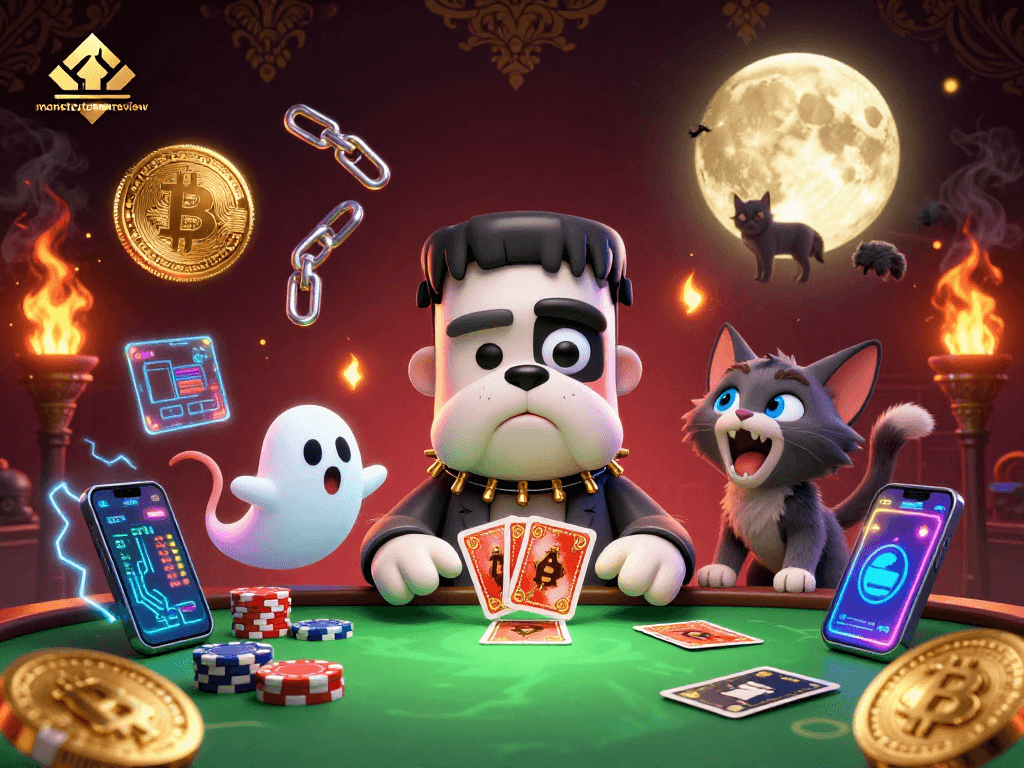 Engage with monstertowerreview as a Frankenstein bulldog monster deals cards in a spooky casino.