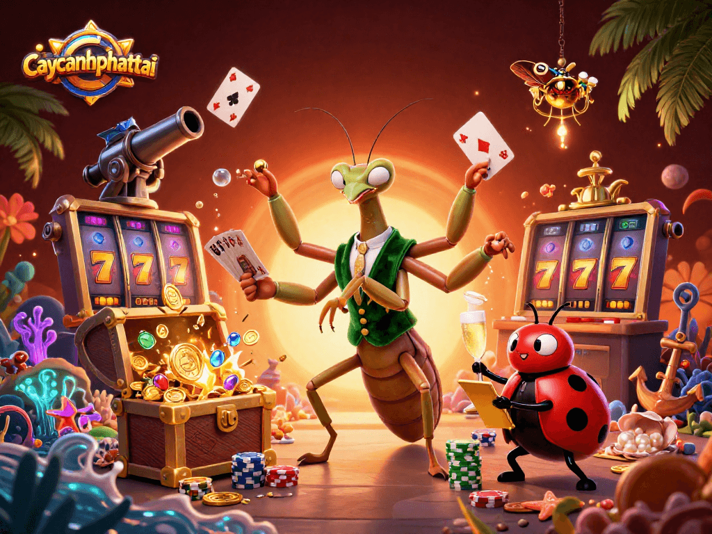 Engage with caycanhphattai and win big with slots in a vibrant 3D casino illustration