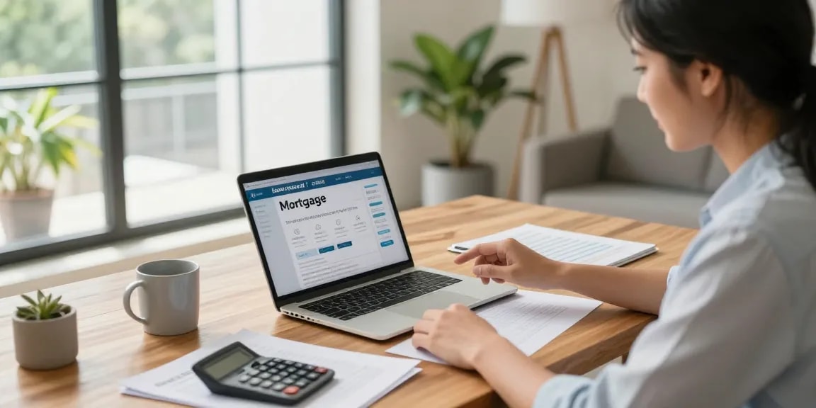Couple using simulador hipotecario on a laptop in a bright home office setting