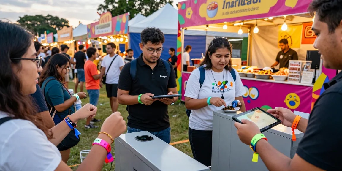Attendees using pulseras de tela con chip personalizadas for easy entry at a vibrant festival.