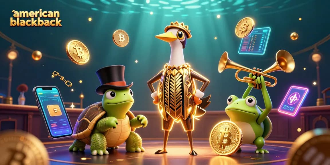 Play american-blackjack with vibrant characters and exciting crypto elements surrounding the game.