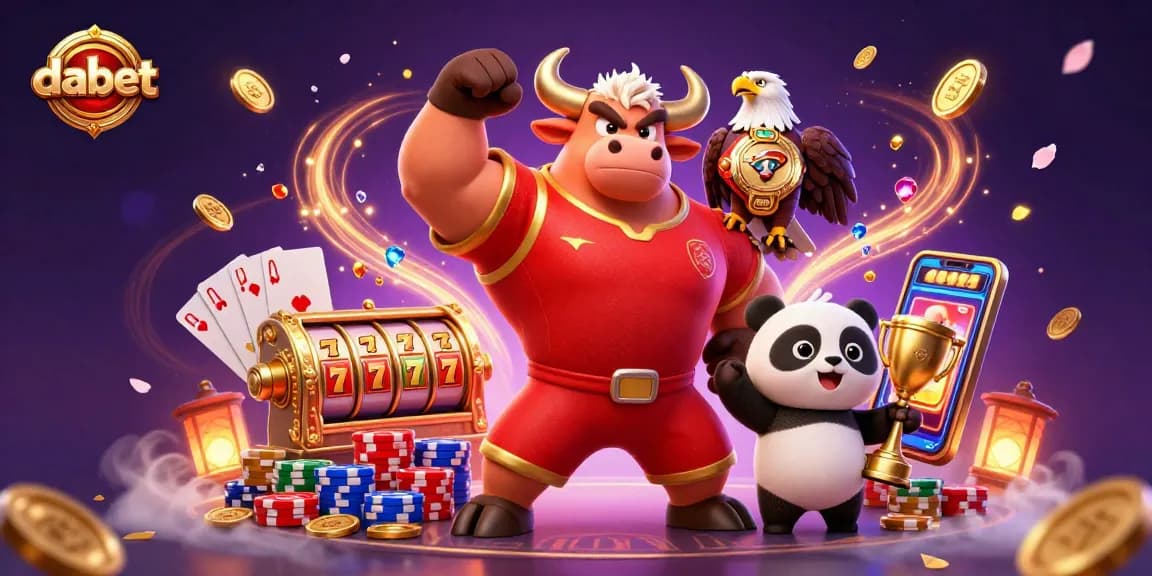 Engage with dabet's thrilling slots scene, showcasing a victory with gold coins and exciting characters.