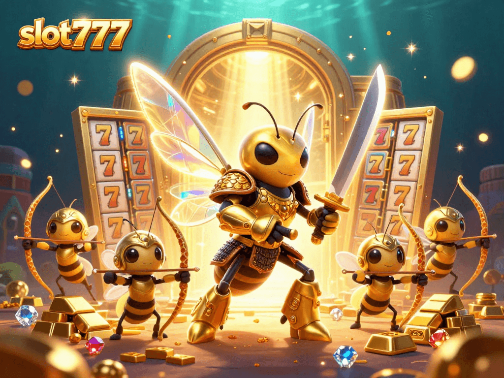 Engage with slot777 in a vibrant scene featuring golden hornets and treasure-filled jackpots.