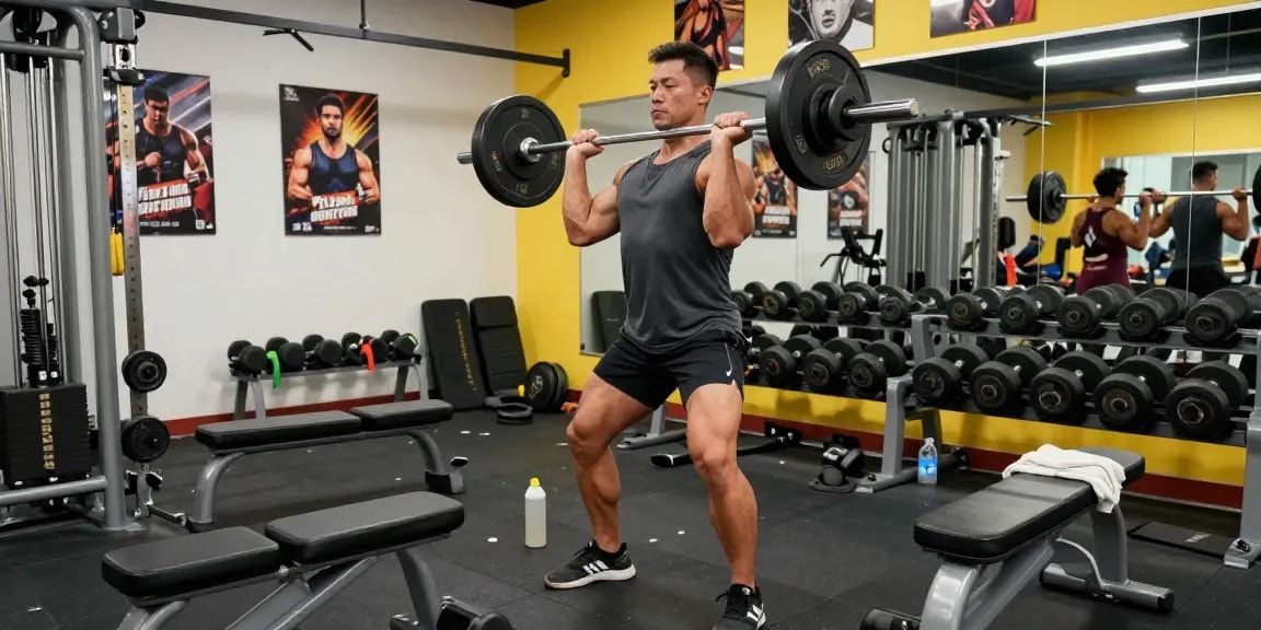 Un culturista entrenando en un gimnasio moderno que muestra fuerza y enfoque en Esteroidesshop.