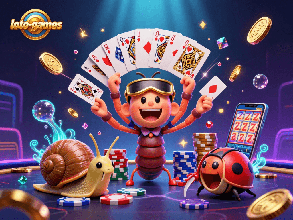 Loto-games showcases an exciting scene with a millipede dealer, snail high-roller, and pill bug amid vibrant casino elements.