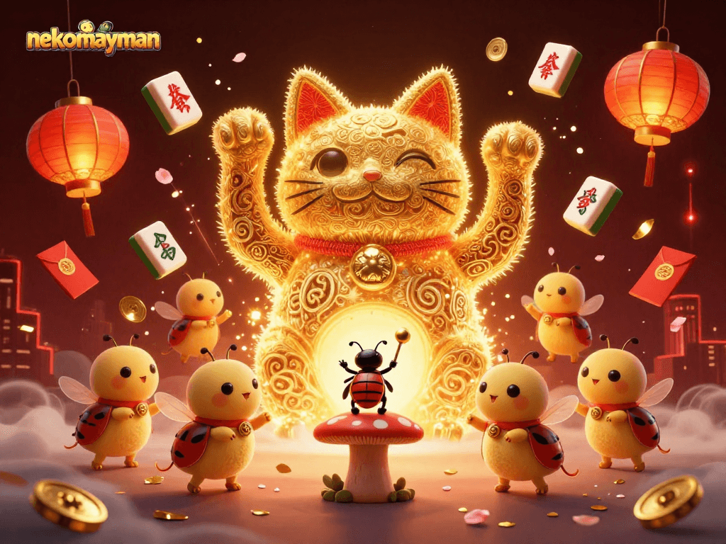 Experience the excitement of nekomayman with a vibrant 3D illustration of a lucky cat and casino elements.