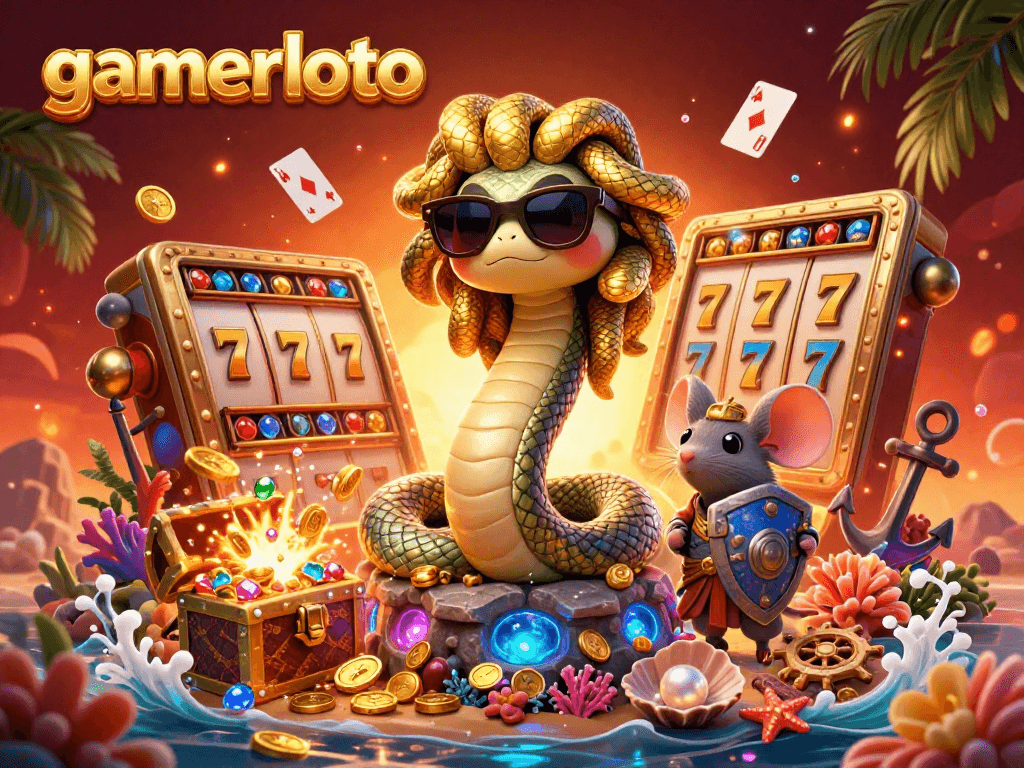Experience gaming at gamerloto with a vibrant Medusa scene surrounded by slot game elements.