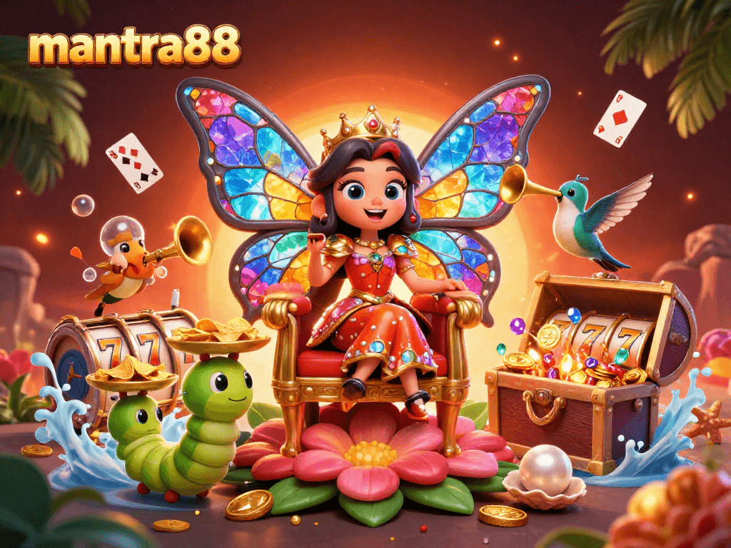 Experience mantra88's vibrant casino atmosphere with a cartoon queen in a dynamic, treasure-filled scene.