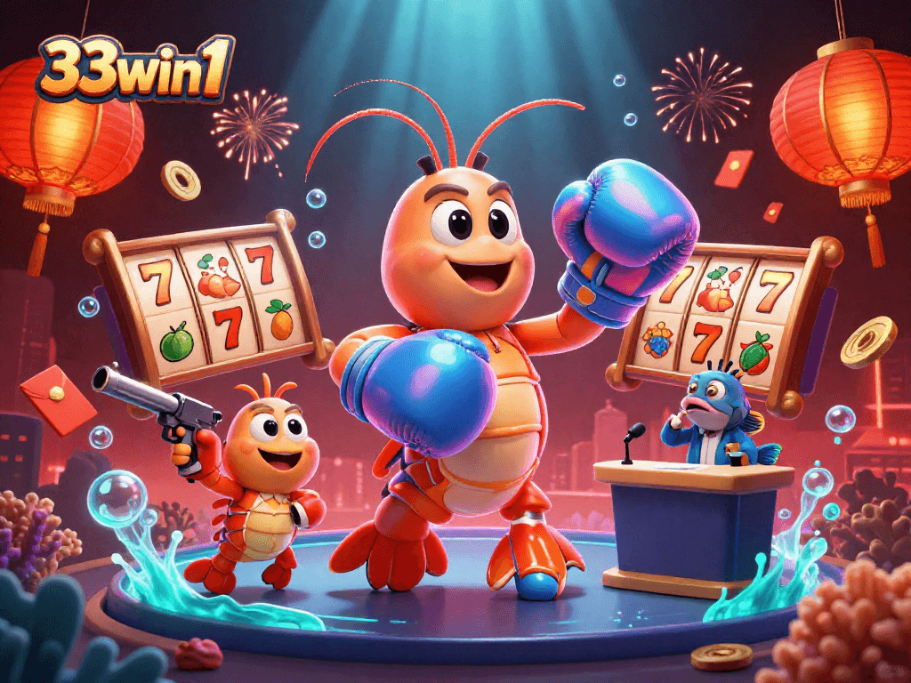 Engage with thrilling 33win1 slots featuring vibrant mantis shrimp and rich casino elements.