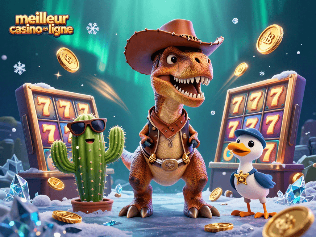 Jouez avec le meilleur casino en ligne, représentation dynamique d’un T-Rex et de ses amis au milieu de machines à sous.