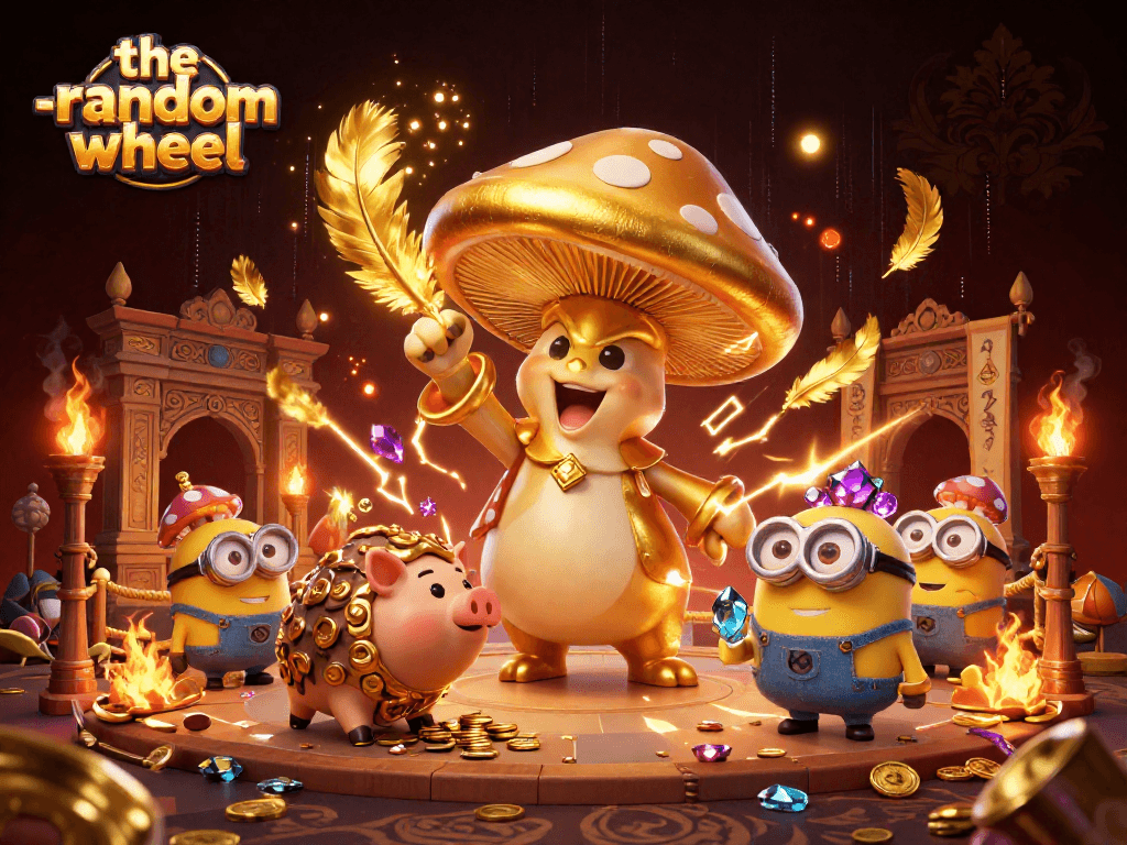 Spin and win with the-random-wheel, showcasing a golden mushroom wizard and treasures.
