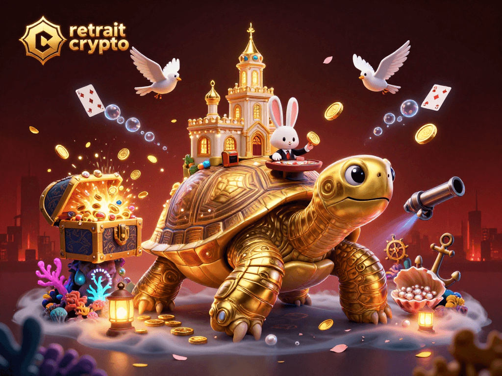 Retrait crypto casino avec tortue dorée et croupier lapin entourés de trésors sous-marins