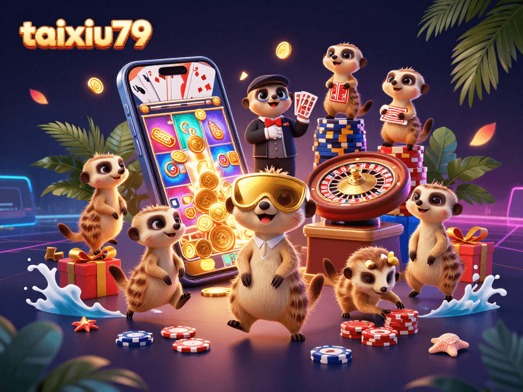 Experience gaming excitement at taixiu79 with vibrant meerkats running a lively casino.