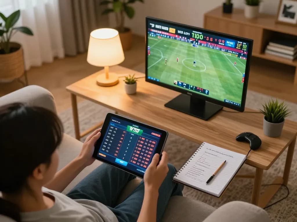 Engaging in online betting with real-time tỷ lệ kèo displayed on tablet in cozy home setup.