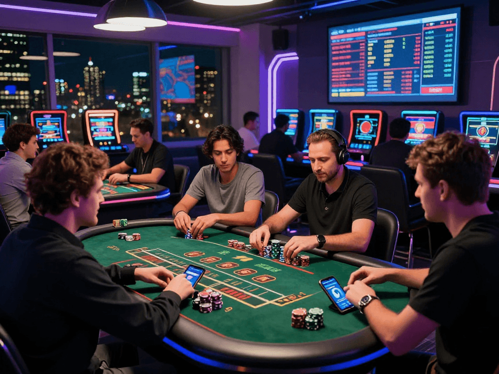 Exciting crypto casino atmosphere featuring players at gaming tables with digital chips, engaging in live gaming with cryptocurrencies.