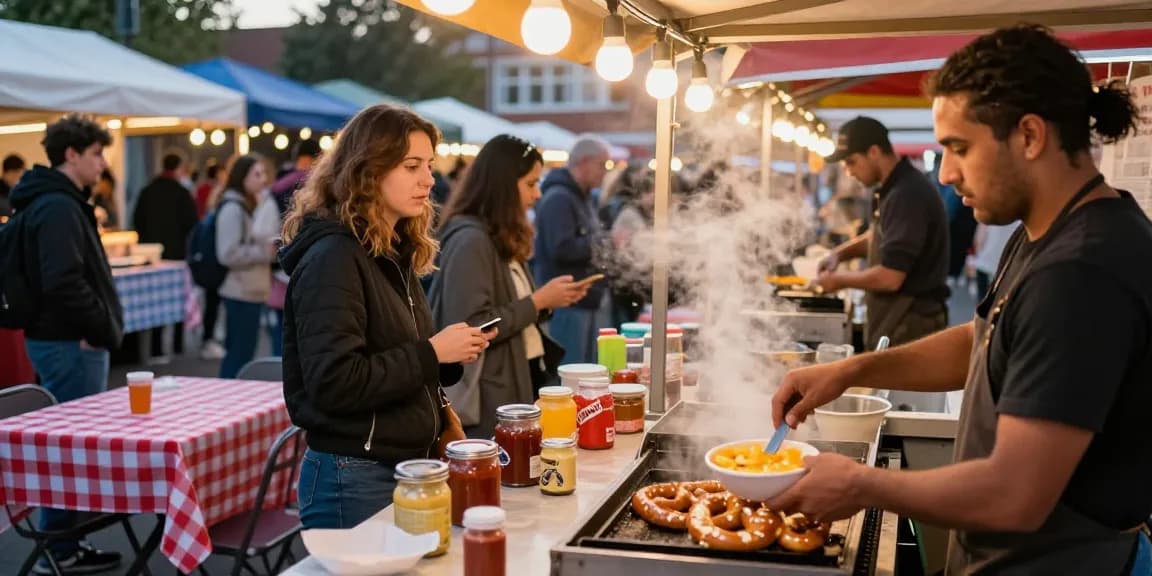 Best pretzel with cheese dip near me served at a vibrant street market bustling with customers.