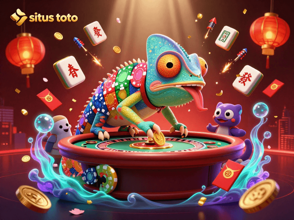 Explore the vibrant world of situs toto with a chameleon casino owner amid dazzling casino elements.