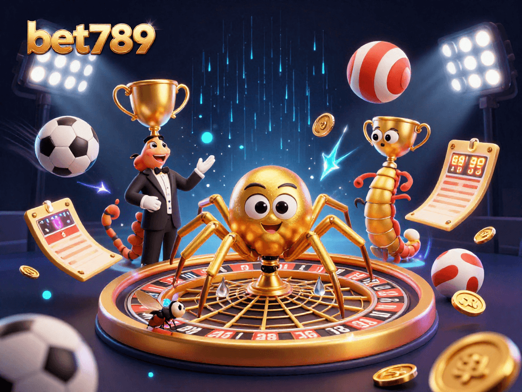 Place strategic bets at bet789 with a golden spider spinning a roulette wheel in a vibrant casino scene.