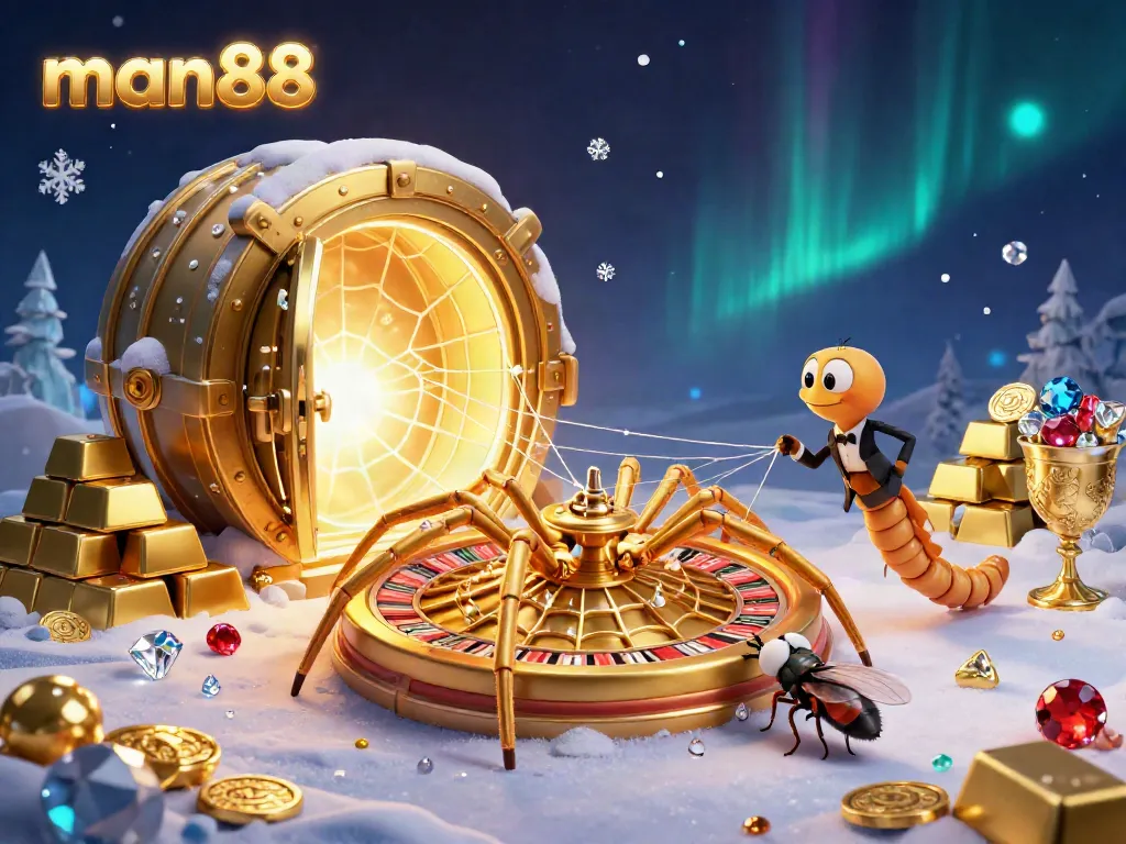 Play exciting games at man88, where a golden spider spins a roulette-themed web capturing the thrill of the casino.
