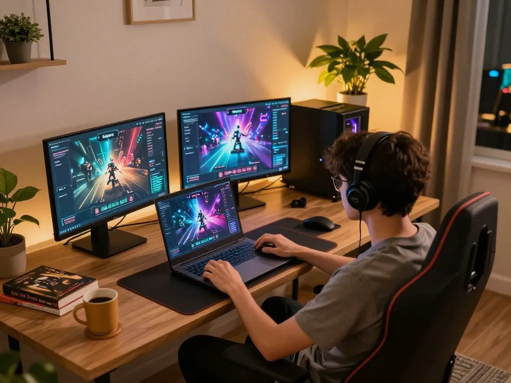 Player immerses in llwin online gaming at home, showcasing engaging casino graphics and cozy workspace