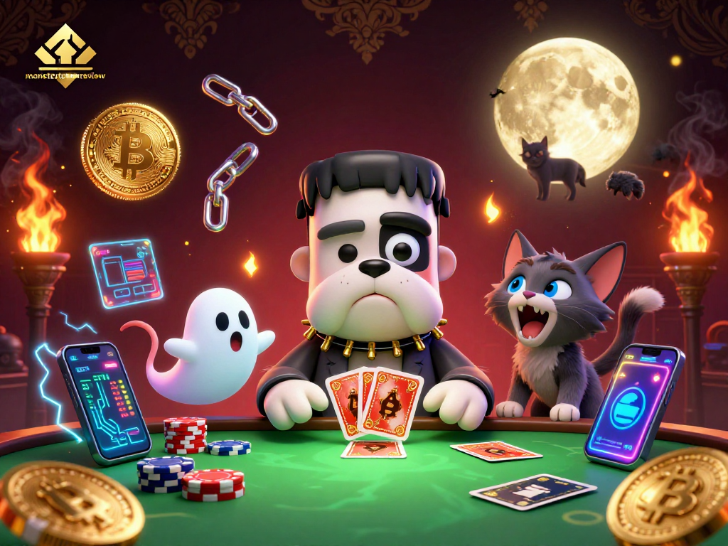 Engage with monstertowerreview as a Frankenstein bulldog monster deals cards in a spooky casino.