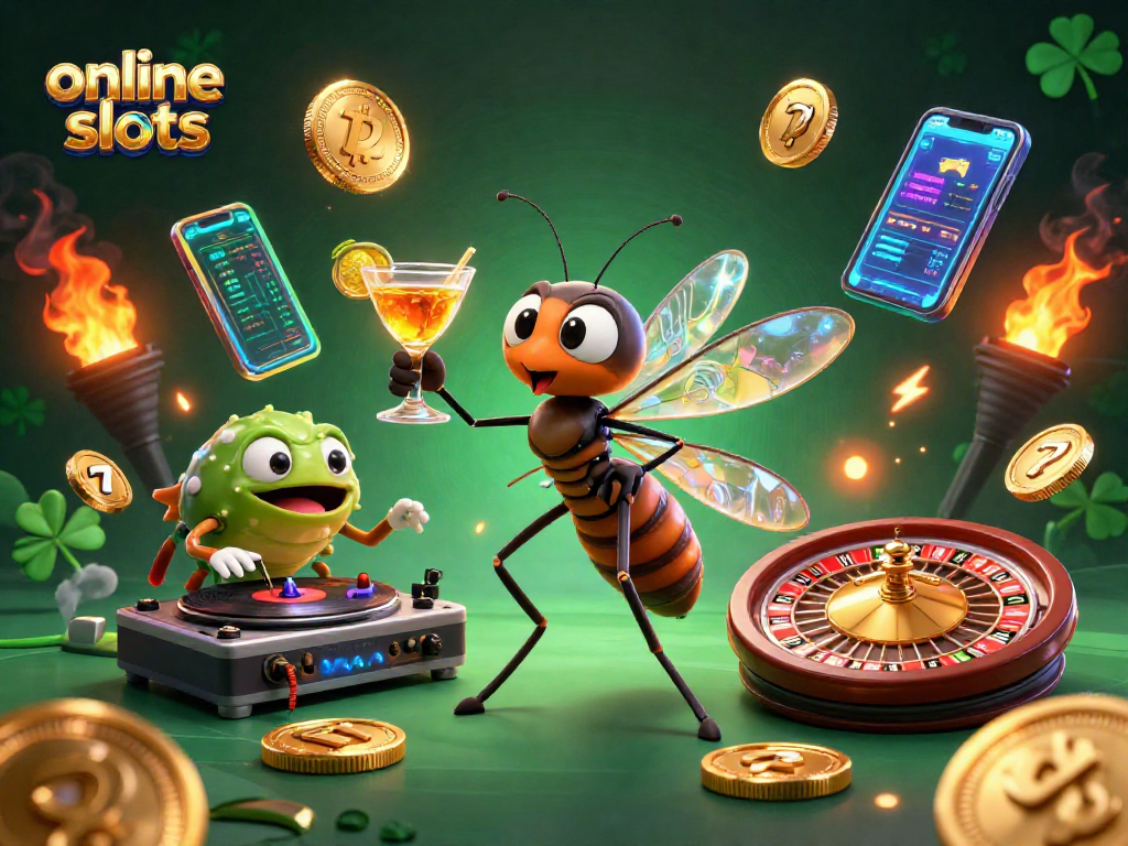 Experience thrilling online slots with a vibrant 3D illustration featuring lucky symbols and crypto elements.