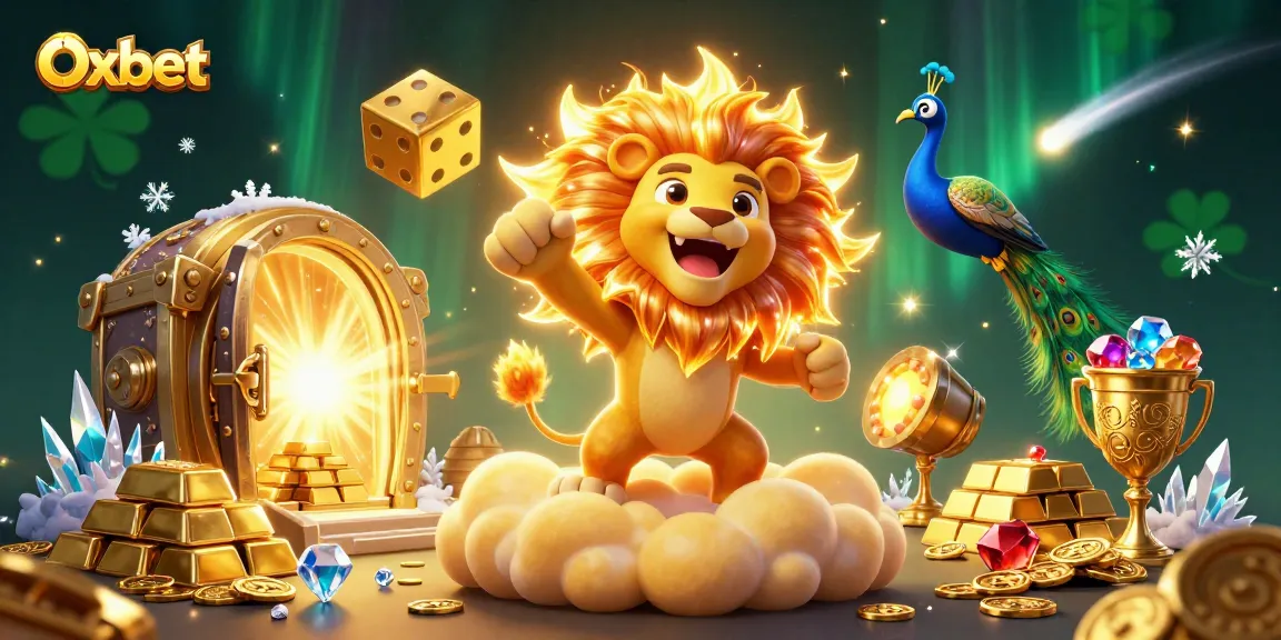 Engage with Oxbet's casino experience through vibrant 3D art featuring golden treasures and lively characters.