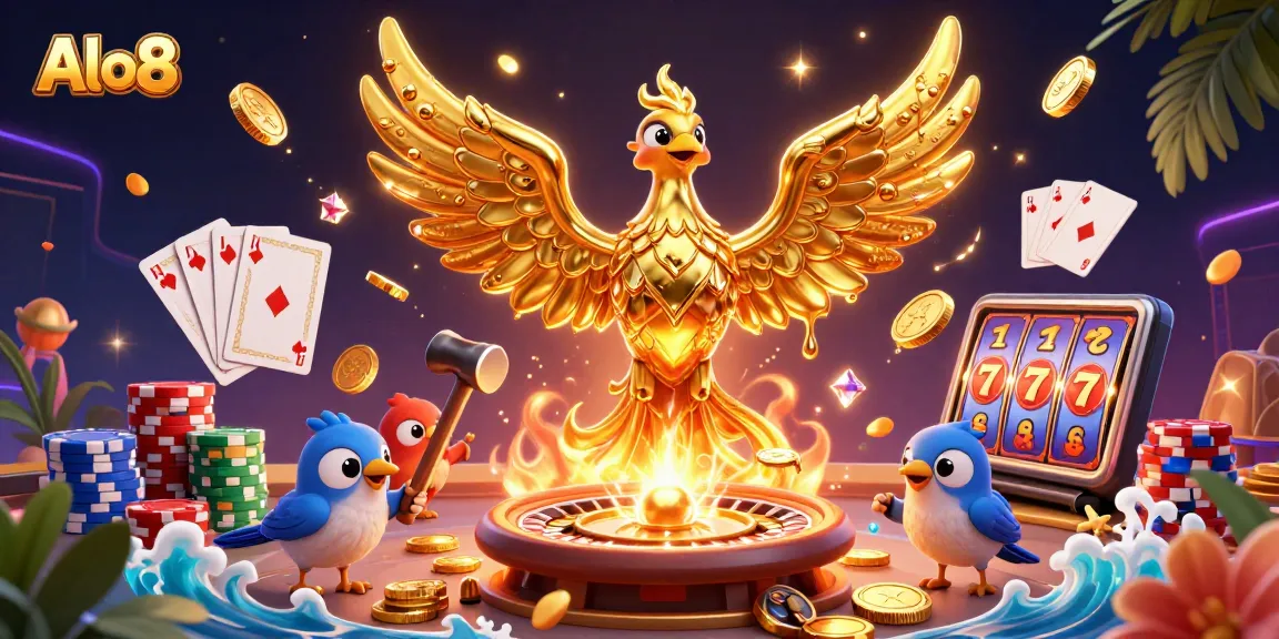 Experience thrilling bets at Alo8 with golden phoenix emerging from a forge among flying coins